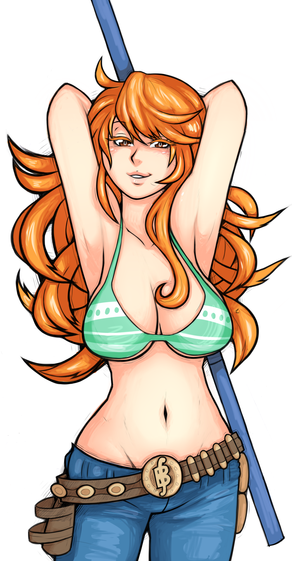 1girl antiheld armpits arms_up belt_buckle bikini_top breasts brown_eyes cleavage cowboy_shot denim highres holster jeans large_breasts long_hair midriff nami_(one_piece) navel one_piece orange_hair pants polearm smile solo staff tattoo under_boob weapon