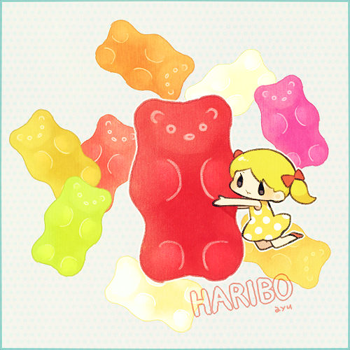 1girl aqua_border artist_name ayu_(mog) black_eyes blonde_hair border dress gummy_bear haribo lowres original oversized_object polka_dot polka_dot_dress