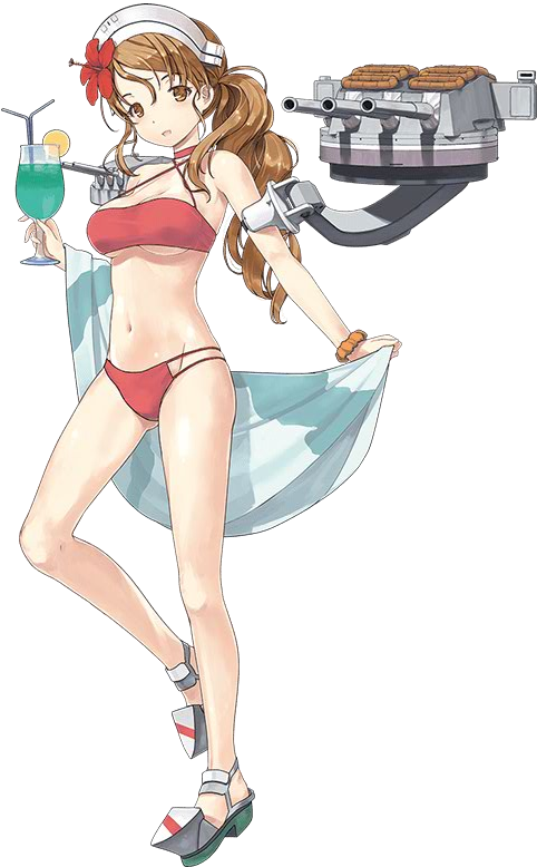 1girl bikini breasts brown_hair drink full_body garter_straps hair_ornament hat italia_(kantai_collection) jiji kantai_collection large_breasts littorio_(kantai_collection) looking_at_viewer machinery miniskirt necktie official_art skirt swimsuit towel turret