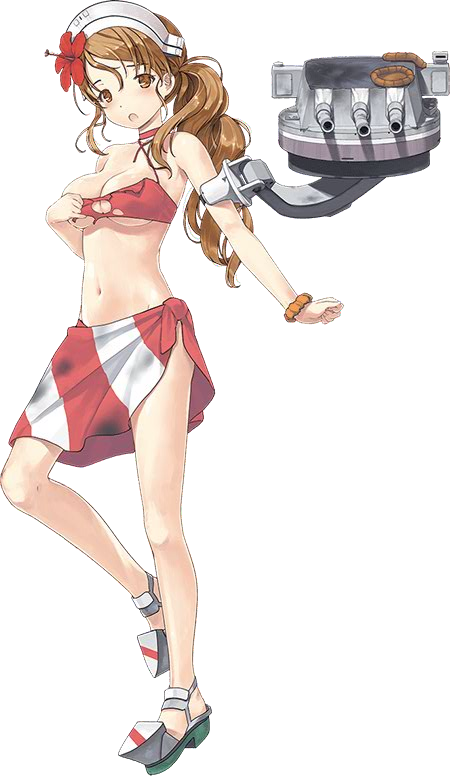 1girl bikini breasts brown_hair full_body garter_straps hair_ornament hat italia_(kantai_collection) jiji kantai_collection large_breasts littorio_(kantai_collection) looking_at_viewer machinery miniskirt necktie official_art sarong skirt swimsuit torn_clothes turret