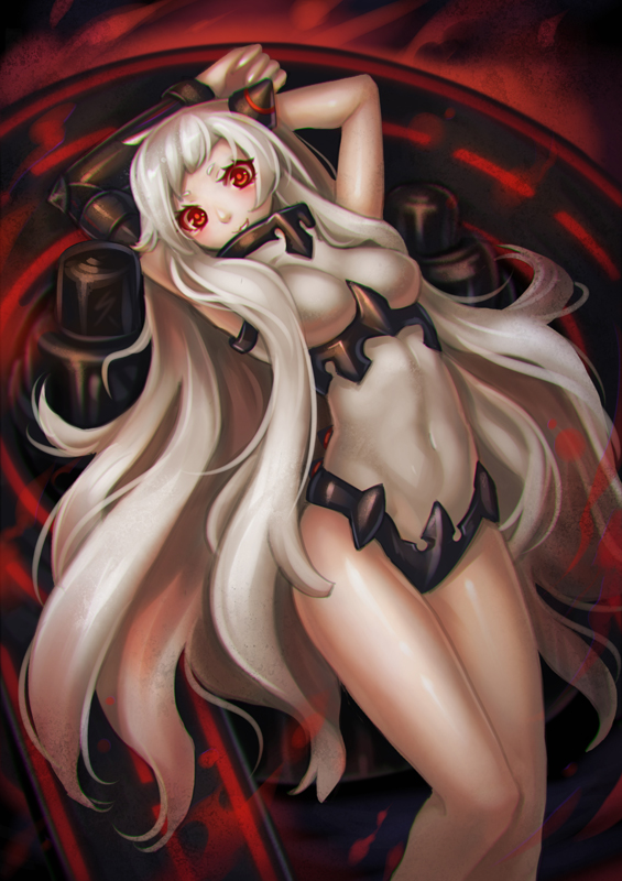 1girl airfield_hime arms_up covered_navel kaizeru kantai_collection leotard long_hair looking_at_viewer red_eyes solo very_long_hair white_hair