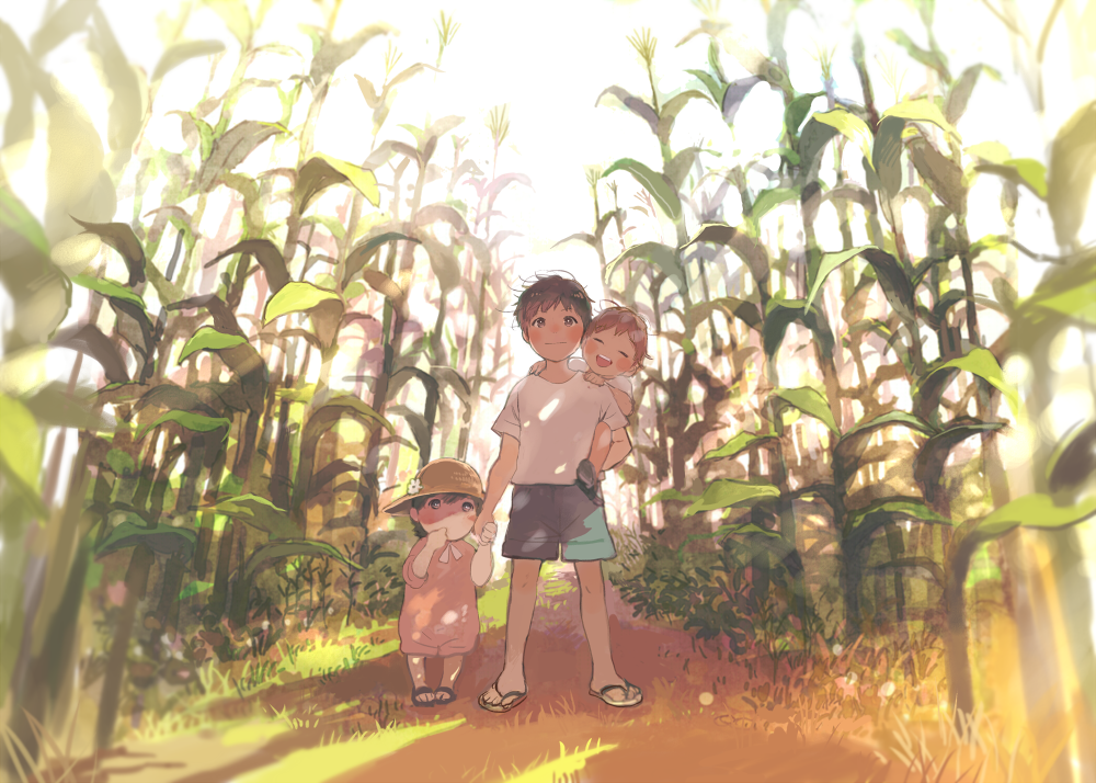 age_difference blush child closed_eyes corn corn_field hat height_difference holding_hands no_socks open_mouth original outdoors piggyback pon_(cielo) sandals short_hair siblings standing