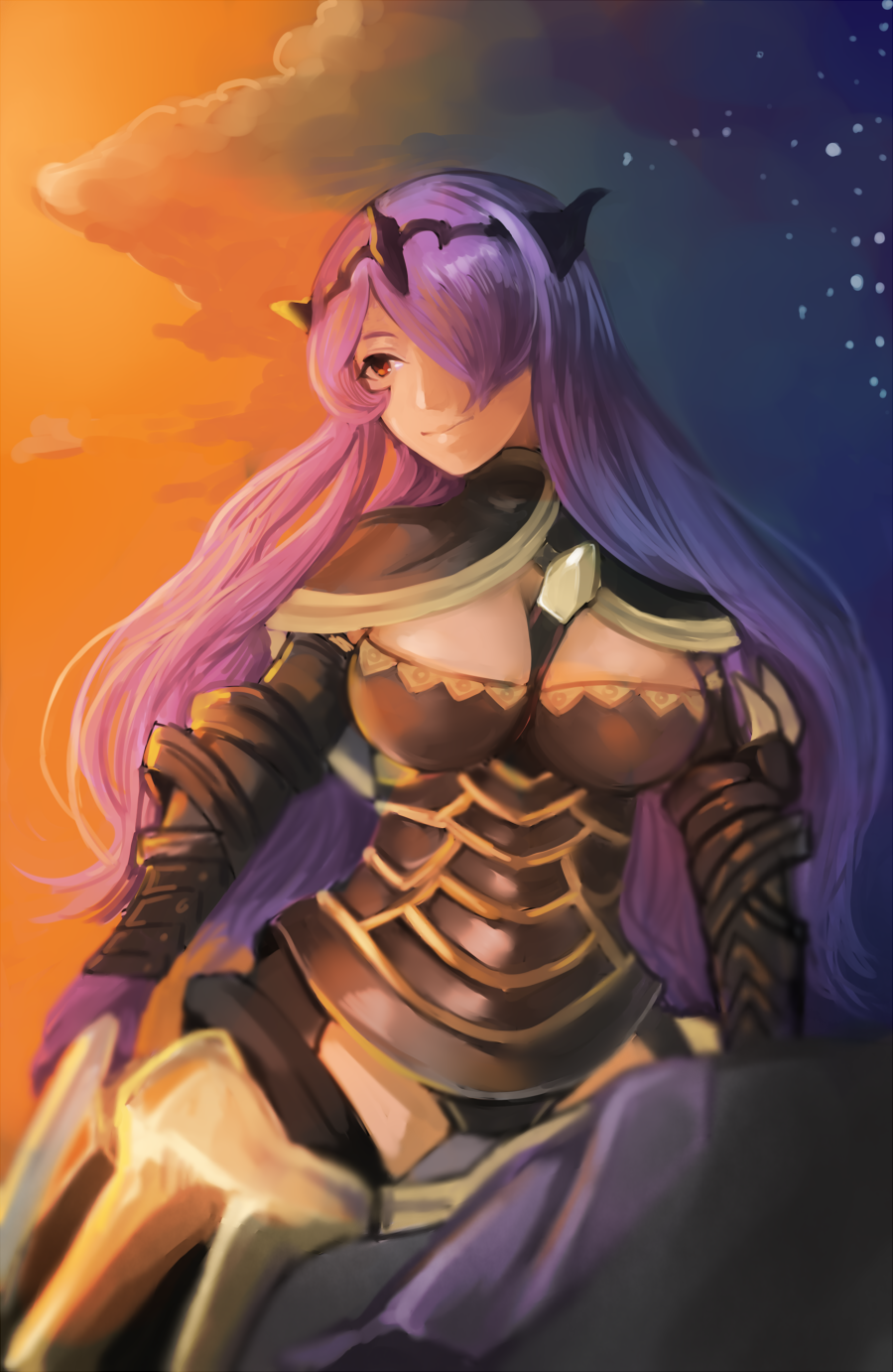 1girl armor breasts camilla_(fire_emblem_if) cleavage fire_emblem fire_emblem_if hair_over_one_eye highres long_hair purple_hair riding smile solo sunset