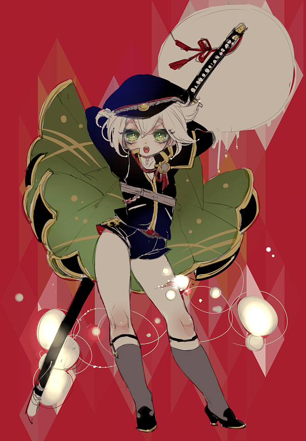 1boy cape chino_machiko garters green_eyes grey_legwear hat hotarumaru kneehighs male_focus ootachi open_mouth shorts sock_garters sword touken_ranbu weapon white_hair