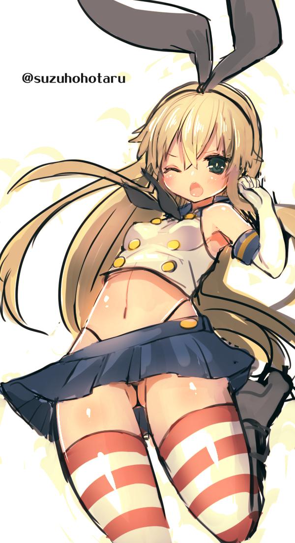 1girl animal_ears blonde_hair blush bunny_hair_ornament commentary_request crop_top detached_sleeves elbow_gloves gloves green_eyes hair_ornament highleg highleg_panties jumping kantai_collection long_hair microskirt miniskirt neckerchief one_eye_closed open_mouth panties rabbit_ears school_uniform serafuku shimakaze_(kantai_collection) skirt small_breasts solo striped striped_legwear suzuho_hotaru thigh-highs thong twitter_username underwear white_gloves