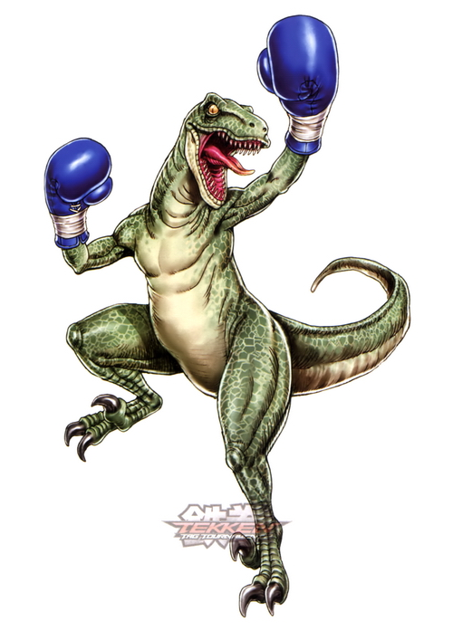 alex_(tekken) boxing_gloves claws dinosaur fighting_stance kotobukiya long_tongue no_humans official_art open_mouth slit_pupils solo tail tekken tekken_tag_tournament_2 tongue velociraptor watermark yamashita_shun'ya yellow_sclera