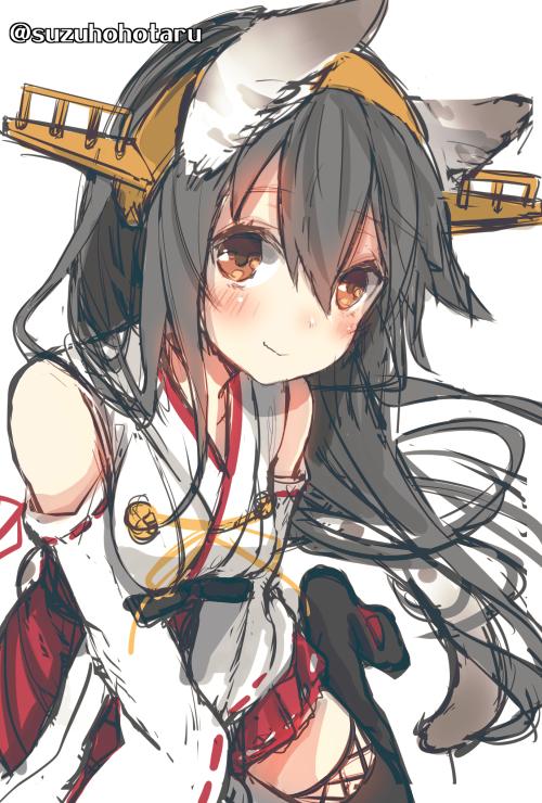 1girl animal_ears bare_shoulders black_hair blush boots brown_eyes cat_ears commentary_request detached_sleeves hair_ornament hairband hairclip haruna_(kantai_collection) kantai_collection long_hair looking_at_viewer nontraditional_miko skirt smile suzuho_hotaru thigh-highs thigh_boots twitter_username