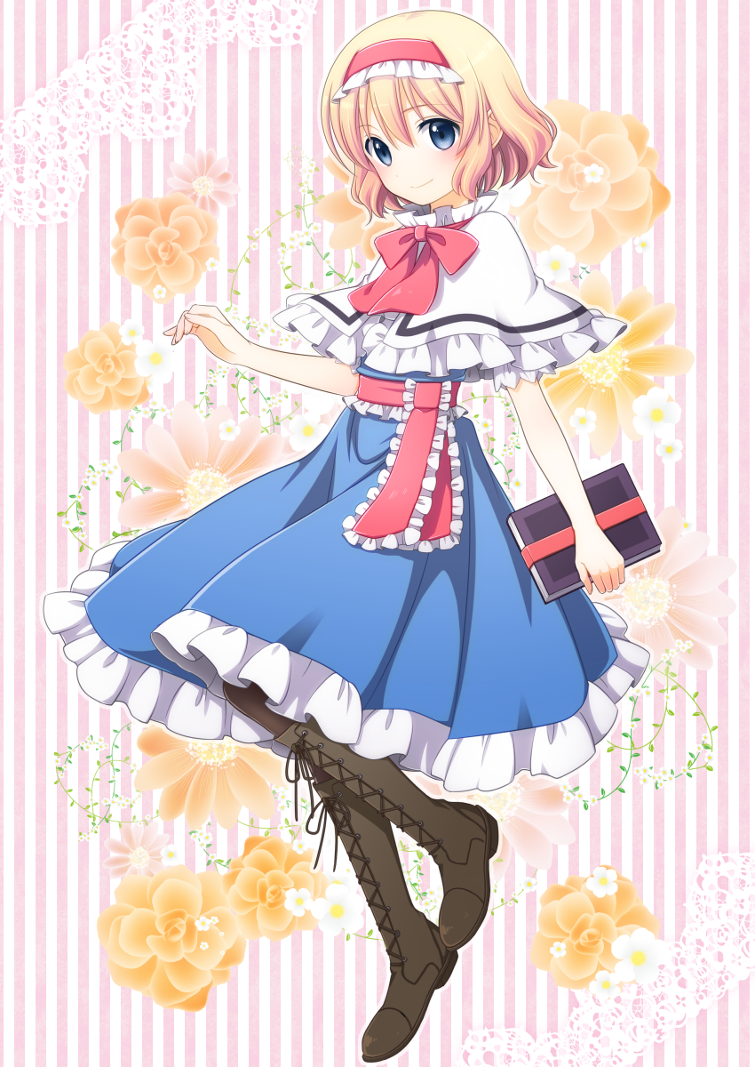 1girl alice_margatroid blonde_hair blue_dress blue_eyes book boots bow capelet cross-laced_footwear dress floral_background full_body hairband highres irino lace-up_boots looking_at_viewer pantyhose ribbon sash short_hair short_sleeves smile solo striped striped_background touhou vertical_stripes