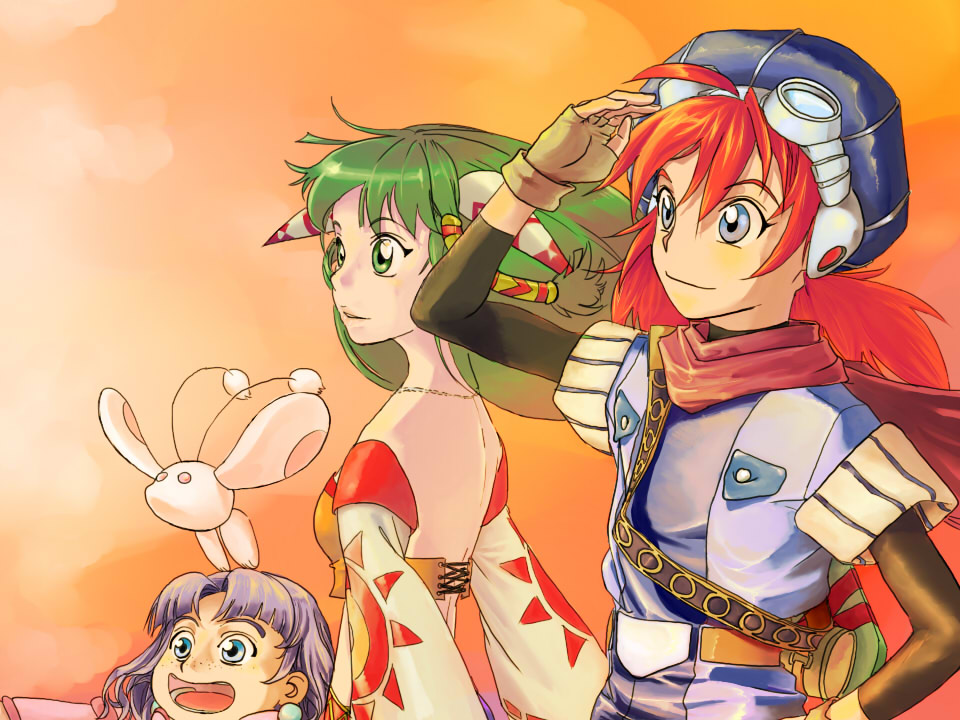 1boy 2girls bare_shoulders breasts dress feena_(grandia) freckles grandia grandia_i green_hair hair_ornament hair_tubes jewelry justin_(grandia) long_hair low-tied_long_hair multiple_girls purple_hair puui_(grandia) short_hair skirt smile sue_(grandia) thigh-highs