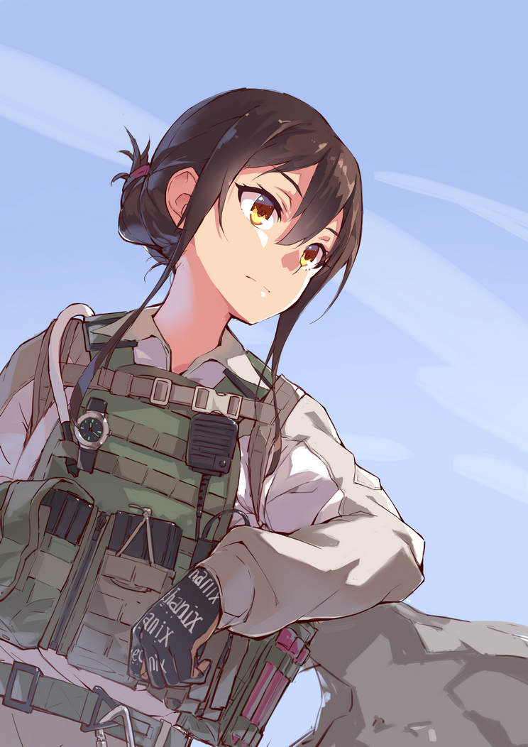 1girl black_gloves brown_hair flak_jacket folded_ponytail gloves looking_to_the_side magazine_(weapon) military nightmaremk2 original parachute short_hair_with_long_locks sky solo upper_body walkie-talkie yellow_eyes