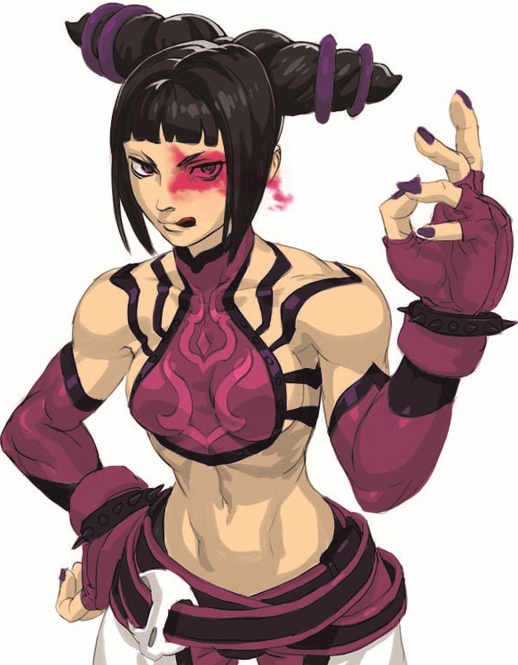 1girl :q bangs beckoning black_hair blunt_bangs bracelet breasts cowboy_shot detached_sleeves dudou fingerless_gloves gloves glowing glowing_eye halter_top halterneck han_juri hand_on_hip jewelry licking_lips midriff multiple_belts nail_polish navel pants payot purple_nails rainygami short_hair short_twintails sideboob solo spiked_bracelet spikes spiky_hair standing street_fighter street_fighter_iv super_street_fighter_iv tongue tongue_out twintails violet_eyes