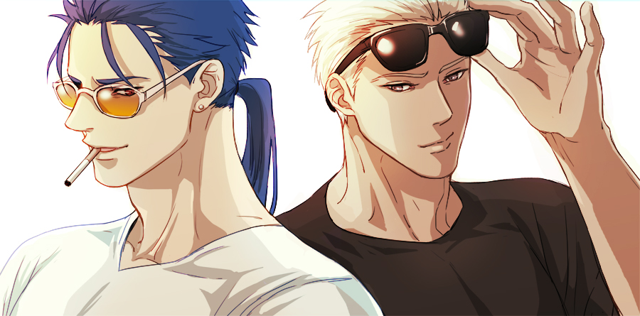 000000_(gallaghers) 2boys archer blue_hair casual cigarette dark_skin fate/stay_night fate_(series) lancer multiple_boys ponytail sunglasses white_hair