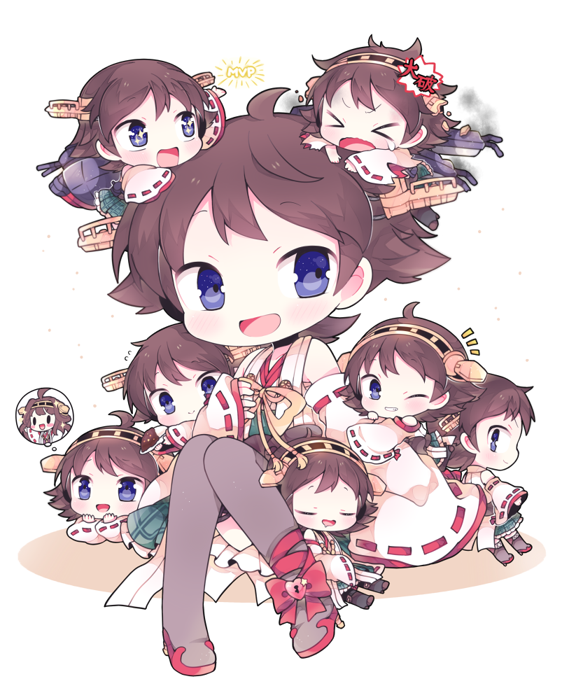&gt;_&lt; blue_eyes brown_hair curry curry_rice drooling food hairband hiei_(kantai_collection) kantai_collection kongou_(kantai_collection) kyou_(nekoneko) multiple_persona nontraditional_miko remodel_(kantai_collection) short_hair siblings skirt sleeping star star-shaped_pupils symbol-shaped_pupils