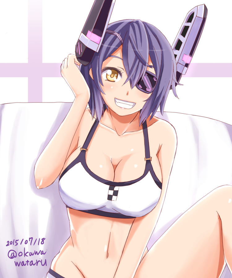 1girl 2015 between_legs blush breasts cleavage collarbone commentary_request dated eyepatch grin hand_between_legs headgear kantai_collection large_breasts looking_at_viewer navel ookawa_wataru purple_hair short_hair smile solo swimsuit tenryuu_(kantai_collection) twitter_username upper_body white_swimsuit yellow_eyes