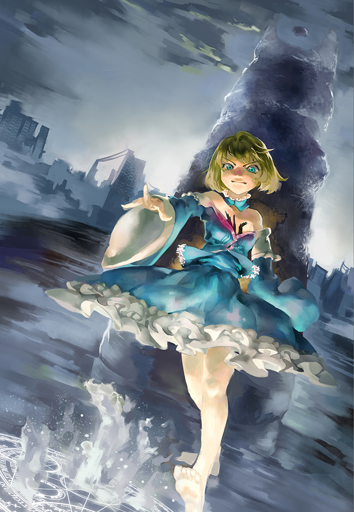 1girl bare_shoulders barefoot blonde_hair blue_eyes dress fate/prototype fate_(series) floating great_grail sajou_manaka serflygod short_hair solo standing standing_on_water tower