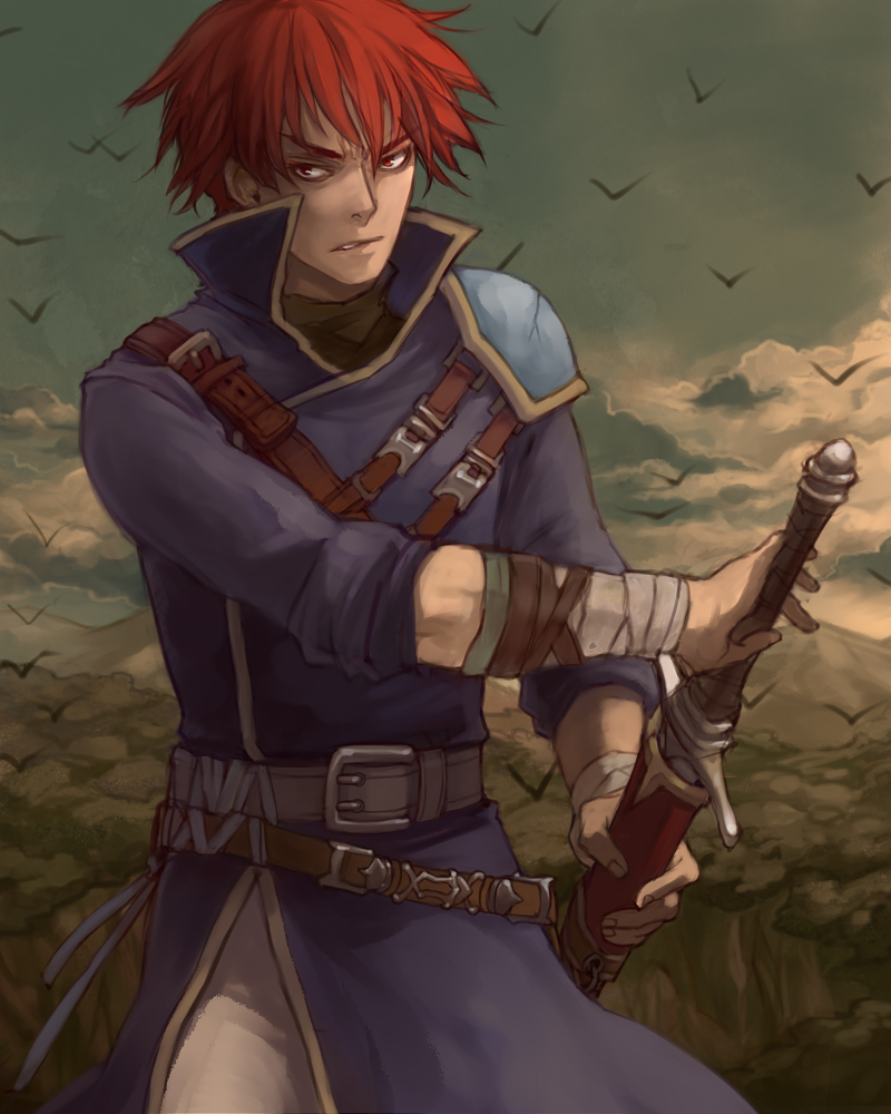 1boy bonjour fire_emblem fire_emblem:_rekka_no_ken raven_(fire_emblem) red_eyes redhead solo sword weapon