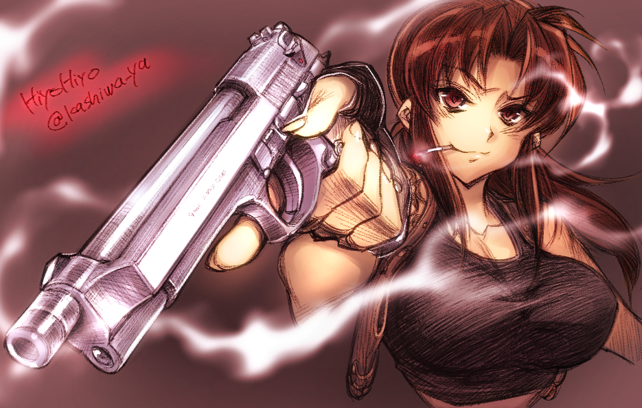 1girl aiming_at_viewer black_lagoon breasts brown_eyes brown_hair cigarette fingerless_gloves gloves gun handgun hiyohiyo mouth_hold ponytail revy_(black_lagoon) smoke smoking solo tattoo trigger_discipline weapon