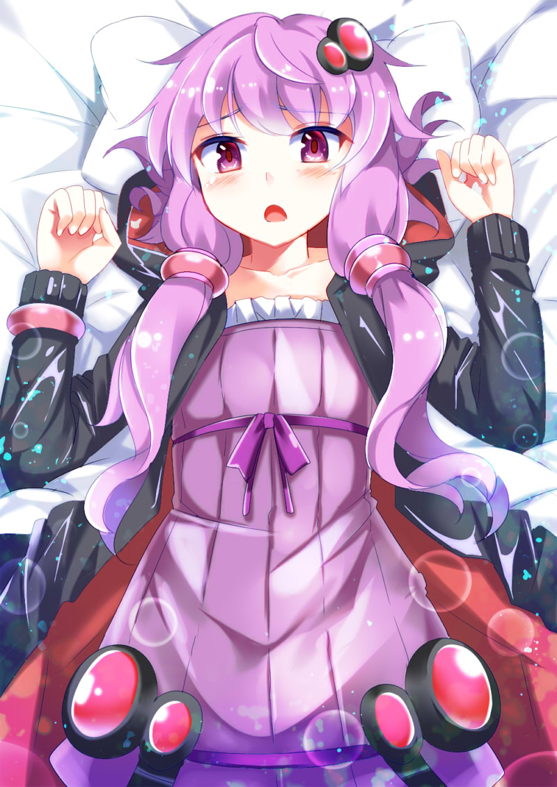 1girl bed blush d: dress e.o. hair_ornament hairclip hooded_jacket jacket long_hair long_sleeves looking_at_viewer lying nervous on_back open_mouth pillow purple_hair solo violet_eyes voiceroid yuzuki_yukari