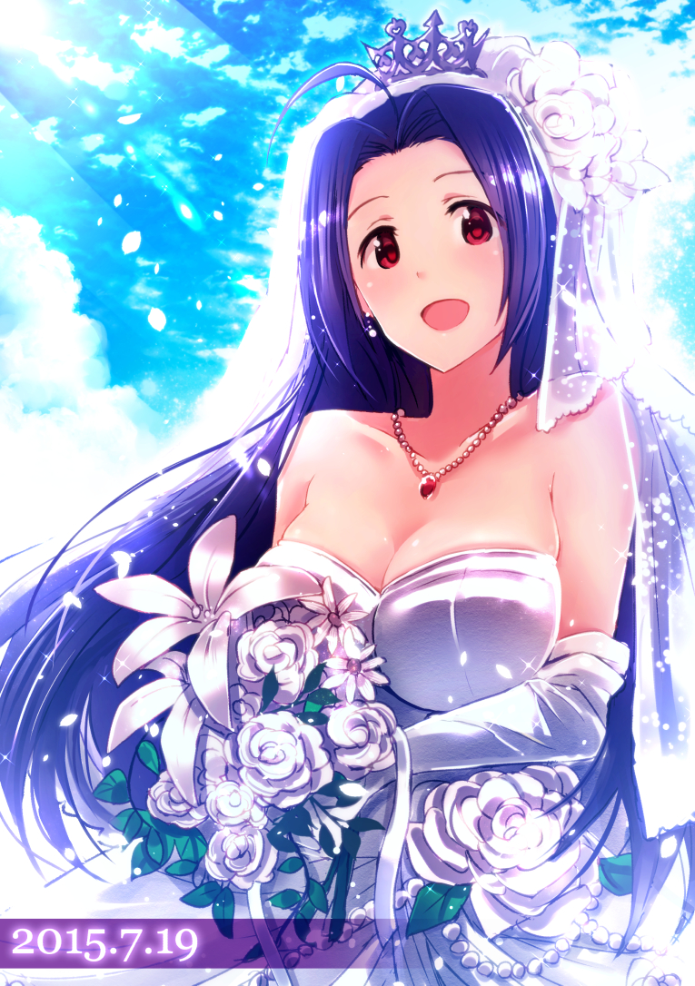 1girl ahoge bare_shoulders blue_hair breasts cleavage clouds collarbone crown dated dress elbow_gloves flower gloves headdress idolmaster ima_(lm_ew) jewelry miura_azusa necklace open_mouth petals profile red_eyes rose sky smile solo wedding_dress white_gloves