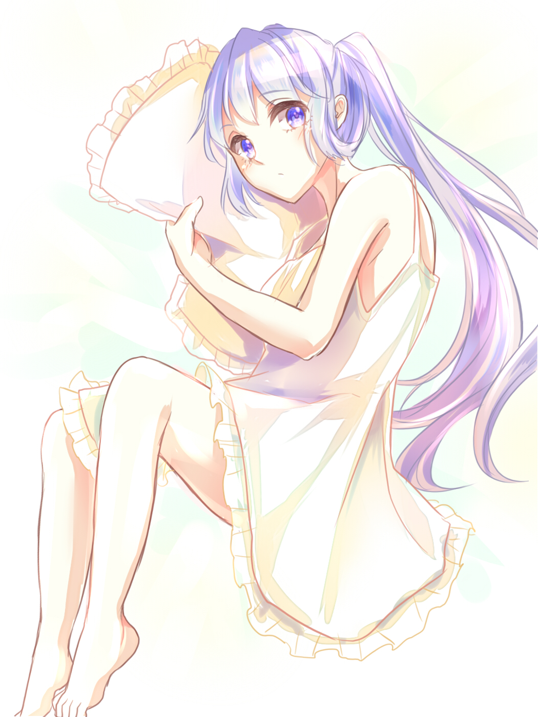 1girl bare_arms bare_shoulders barefoot blue_eyes dress highres kashiwagi_chisame long_hair looking_at_viewer lying mononobe_no_futo on_side pillow pillow_hug ponytail silver_hair sleeveless sleeveless_dress solo sundress touhou very_long_hair white_background