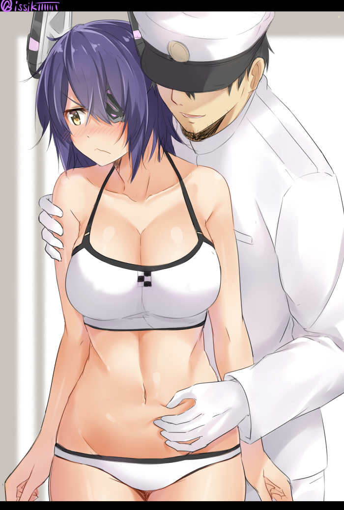 1boy 1girl admiral_(kantai_collection) belly_grab bikini blush breasts cleavage eyepatch gloves hat headgear isshiki_(ffmania7) kantai_collection large_breasts military military_uniform naval_uniform navel open_mouth purple_hair short_hair smile swimsuit tenryuu_(kantai_collection) uniform white_bikini white_gloves white_swimsuit yellow_eyes