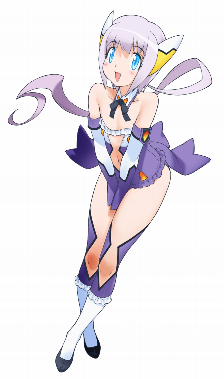 1girl aqua_eyes bare_shoulders between_legs detached_collar flat_chest floating_hair full_body hand_between_legs highres long_hair navel_cutout official_art open_mouth otomedius poini_coon ponytail purple purple_hair robot_ears simple_background solo v_arms white_background yoshizaki_mine