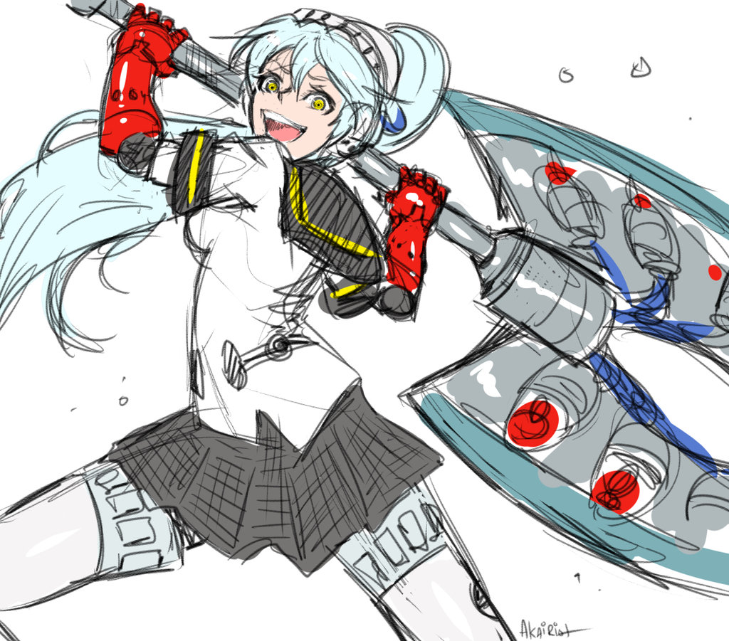 1girl akairiot android aqua_hair battle_axe crazy_eyes crazy_smile dark_persona huge_weapon labrys long_hair open_mouth persona persona_4:_the_ultimate_in_mayonaka_arena ponytail robot_joints school_uniform serafuku sketch solo weapon yellow_eyes