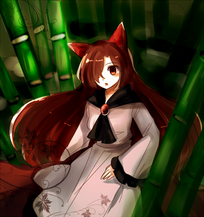 1girl animal_ears bamboo bamboo_forest brooch brown_hair forest hair_over_one_eye imaizumi_kagerou jewelry long_hair mayo_(mayomr29) nature red_eyes solo touhou very_long_hair wide_sleeves wolf_ears