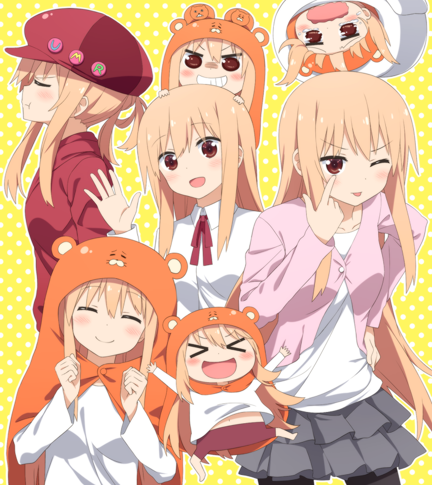 &gt;_&lt; 1girl :d ^_^ akanbe animal_hood black_skirt blonde_hair blush brown_eyes cabbie_hat chibi clenched_hands closed_eyes doma_umaru futon haribote_(tarao) hat himouto!_umaru-chan hood jacket long_hair multiple_persona open_mouth pantyhose pout school_uniform skirt smile solo tongue tongue_out