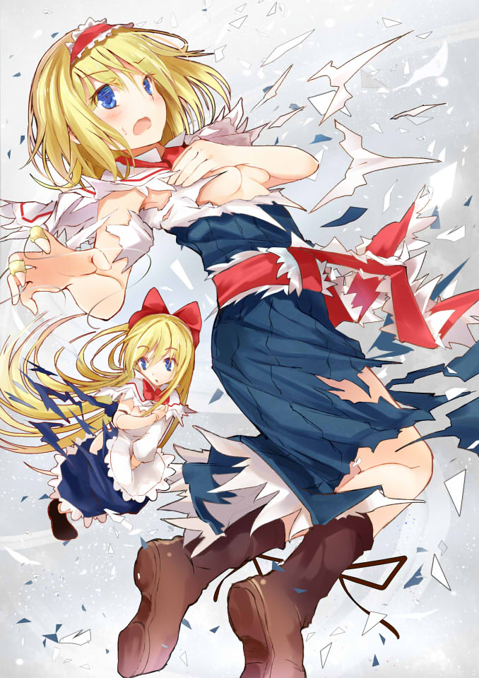 1girl alice_margatroid apron blonde_hair blue_dress blue_eyes blush boots breasts brown_footwear capelet covering covering_breasts doll doll_joints dress dress_tug efe from_side hair_between_eyes hair_ribbon hairband long_hair looking_at_viewer looking_back reaching_out ribbon shanghai_doll short_hair solo torn_clothes torn_sleeves touhou waist_apron