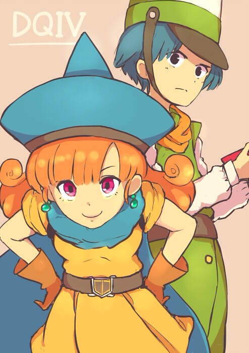 1boy 1girl 33333_33333 alena_(dq4) aqua_hair belt black_eyes clift copyright_name dragon_quest dragon_quest_iv earrings gloves hands_on_hips hat jewelry long_hair looking_at_viewer orange_hair pink_eyes short_hair simple_background smile