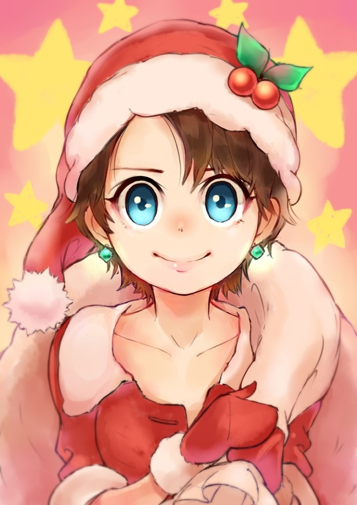 1girl 33333_33333 blue_eyes brown_hair christmas collarbone earrings face gloves hat holly jewelry looking_at_viewer original pink_background red_gloves sack santa_costume santa_gloves santa_hat short_hair smile star upper_body