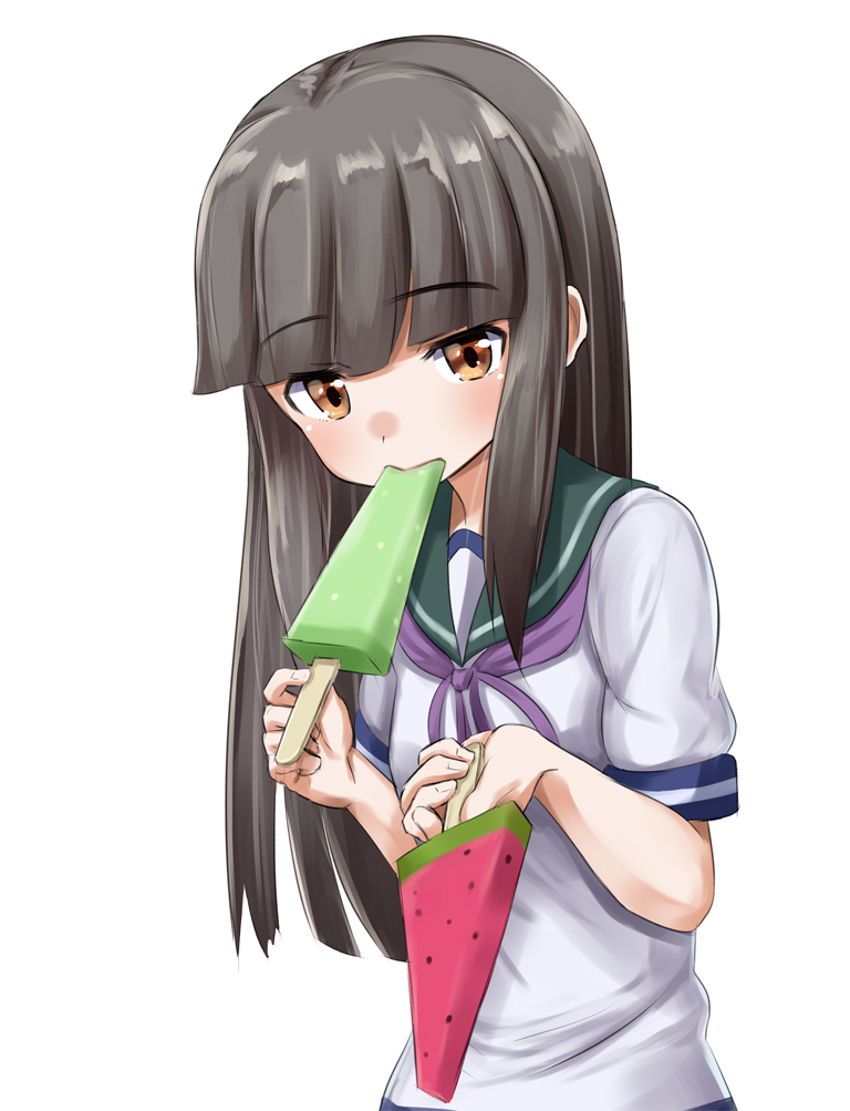 1girl ame. brown_eyes brown_hair commentary_request hatsuyuki_(kantai_collection) kantai_collection long_hair popsicle school_uniform serafuku short_sleeves simple_background solo white_background