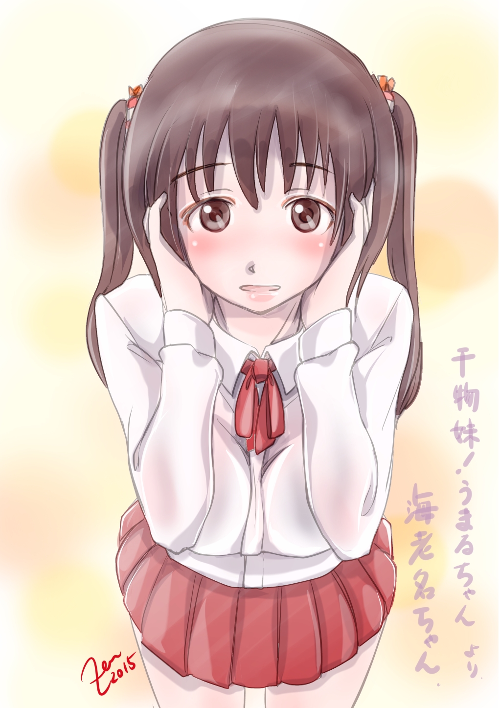 1girl artist_name blush brown_eyes brown_hair character_name copyright_name covering_ears dress_shirt ebina_nana gradient gradient_background highres himouto!_umaru-chan icedoll long_sleeves looking_at_viewer parted_lips pleated_skirt ribbon shirt short_hair sketch skirt solo two_side_up