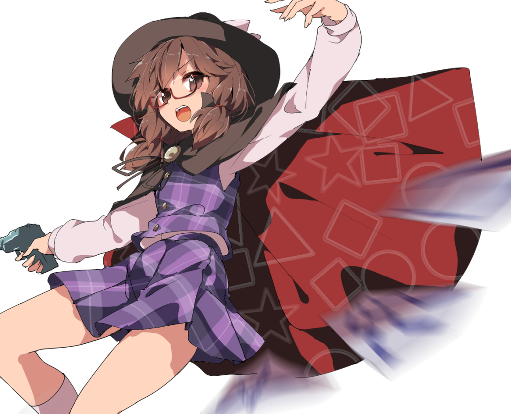 1girl arm_up blush brown_eyes brown_hair cape card glasses gun hasebe_yuusaku hat kneehighs long_sleeves looking_at_viewer low_twintails open_mouth plaid plaid_skirt plaid_vest red-framed_glasses shirt short_hair simple_background skirt skirt_set solo touhou twintails usami_sumireko vest weapon white_background white_legwear