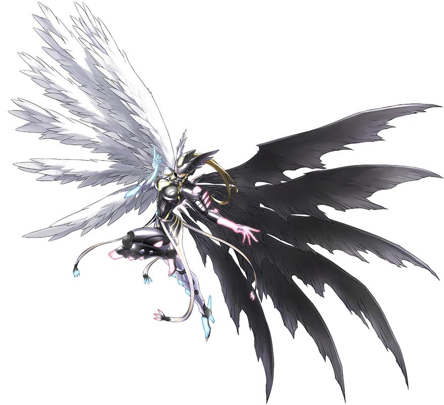 angel angel_wings asymmetrical_armor asymmetrical_hair asymmetrical_mask asymmetrical_wings black_armor black_wings blonde_hair braid demon_wings detached_wings digimon fang high_heels mask mastemon monster neon_lights no_humans official_art shoulder_pads side_braid simple_background watanabe_kenji white_armor white_background white_wings wings