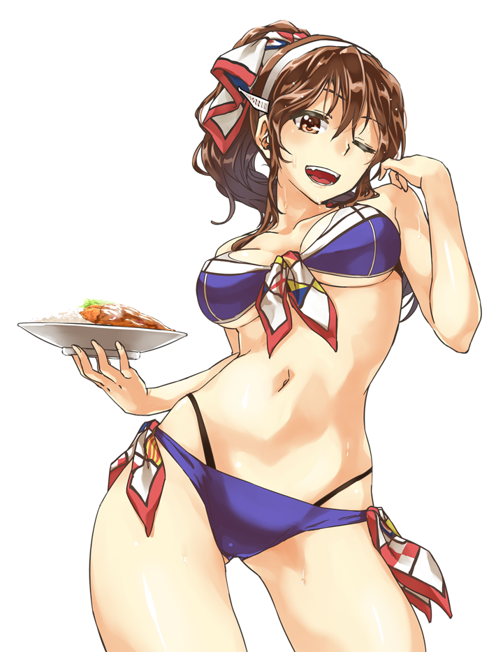 1girl abo_(hechouchou) ashigara_(kantai_collection) bikini blue_bikini breasts brown_eyes brown_hair contrapposto cowboy_shot curry curry_rice food hairband kantai_collection long_hair looking_at_viewer navel one_eye_closed ponytail solo sweat swimsuit textless