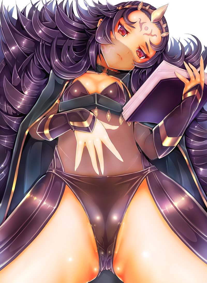 1girl black_hair black_panties book breasts cape facial_mark fire_emblem fire_emblem_if forehead_mark frown holding holding_book lips long_hair lying messy_hair nyx_(fire_emblem_if) on_back panties red_eyes see-through small_breasts solo teruru tiara underwear veil very_long_hair