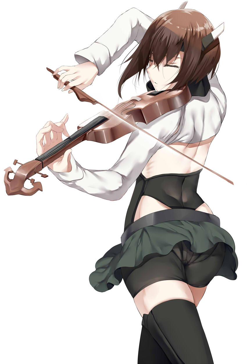 1girl back bike_shorts black_legwear brown_hair closed_eyes headband headgear hews_hack highres instrument kantai_collection playing_instrument revealing_clothes short_hair skirt solo taihou_(kantai_collection) thigh-highs violin white_background zettai_ryouiki