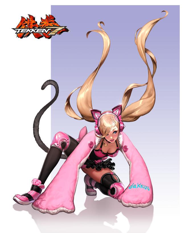 1girl all_fours animal_ears blonde_hair cat_ear_headphones cat_ears dakkuu gloves headphones long_hair lucky_chloe paw_gloves tekken tekken_7 twintails