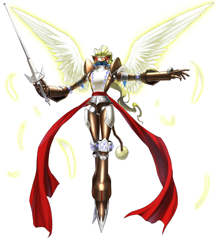 armor blonde_hair brown_armor digimon digimon_story:_cyber_sleuth duftmon feathers green_eyes holding_sword joints monster no_humans official_art red_sash sash shoulder_pads simple_background sword tail weapon white_background white_wings wings yasuda_suzuhito