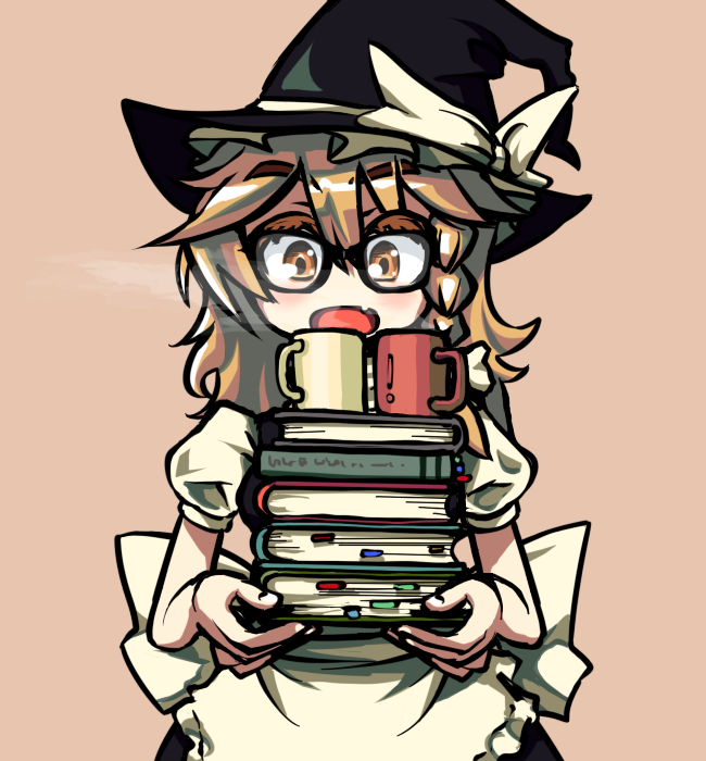 1girl awa_(bihidasu) bespectacled black-framed_glasses blonde_hair book_stack bookmark condensation_trail cup eyelashes fang glasses hat holding kirisame_marisa long_hair looking_at_viewer mug open_mouth puffy_sleeves sepia_background short_sleeves simple_background solo touhou upper_body witch_hat yellow_eyes