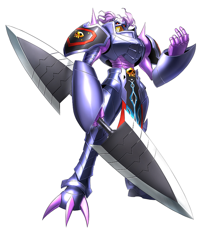 armor claiomh_solais_(digimon) craniummon digimon digimon_story:_cyber_sleuth dot_pupils full_armor gauntlets loincloth monster no_humans official_art polearm purple_armor purple_hair red_eyes shoulder_pads shoulder_spikes simple_background skull_ornament spear spikes weapon white_background yasuda_suzuhito