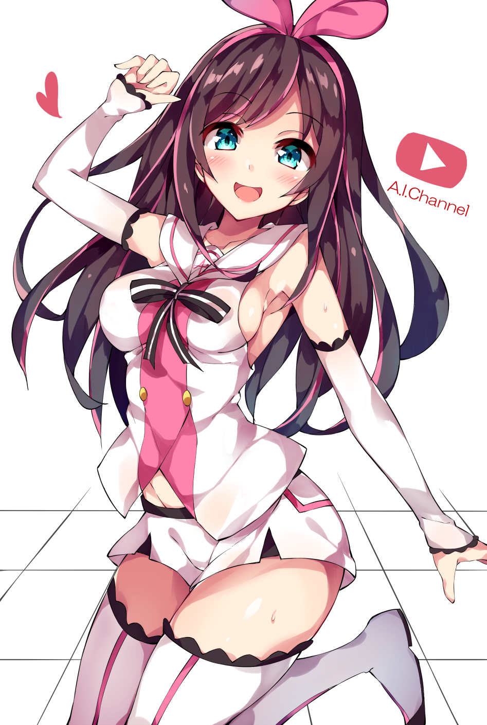 1girl a.i._channel arm_up arm_warmers bangs blush boots breasts brown_hair copyright_name detached_sleeves eyebrows_visible_through_hair half-closed_eyes highres kizuna_ai long_hair looking_at_viewer medium_breasts multicolored_hair open_mouth pink_hair play_button sailor_collar shorts sideboob smile smug solo streaked_hair swept_bangs tareme thigh-highs thighs unacchi_(nyusankin) vest white_boots white_legwear white_shorts youtube
