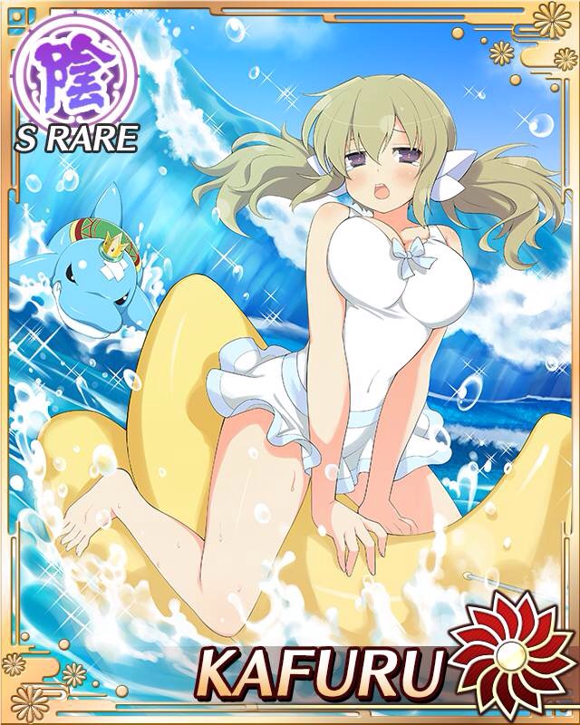 1girl bare_legs barefoot blonde_hair blush breasts character_name embarrassed emblem hair_ornament inflatable_toy kafuru_(senran_kagura) large_breasts low_twintails official_art one-piece_swimsuit open_mouth senran_kagura senran_kagura_(series) senran_kagura_estival_versus senran_kagura_new_wave sky solo swimsuit twintails violet_eyes water waves yaegashi_nan