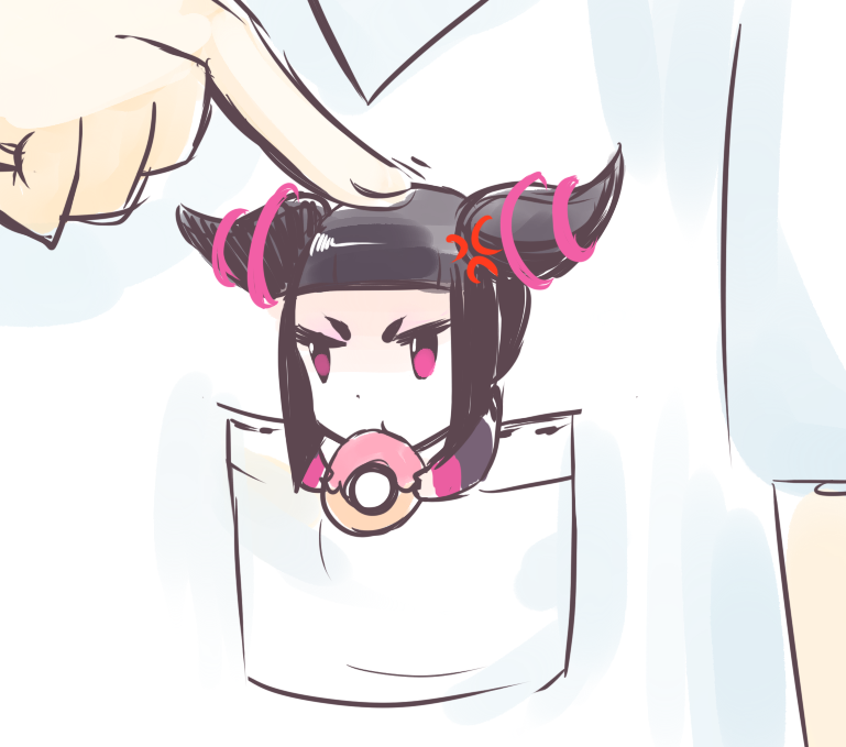 1girl anger_vein black_hair chibi doughnut food han_juri in_pocket minigirl solo_focus stalkeralker street_fighter street_fighter_iv super_street_fighter_iv violet_eyes