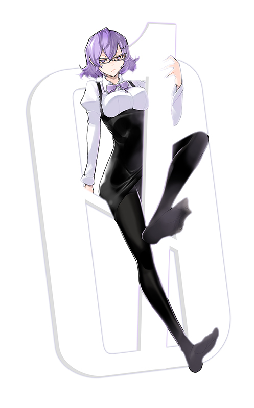 1girl black_dress black_legwear bow bowtie digimon digimon_story:_cyber_sleuth digimon_world_re:digitize dress glasses mikagura_mirei no_shoes number official_art pantyhose puffy_sleeves purple_bow purple_hair shirt short_hair simple_background sitting sitting_on_object solo violet_eyes white_background white_shirt yasuda_suzuhito