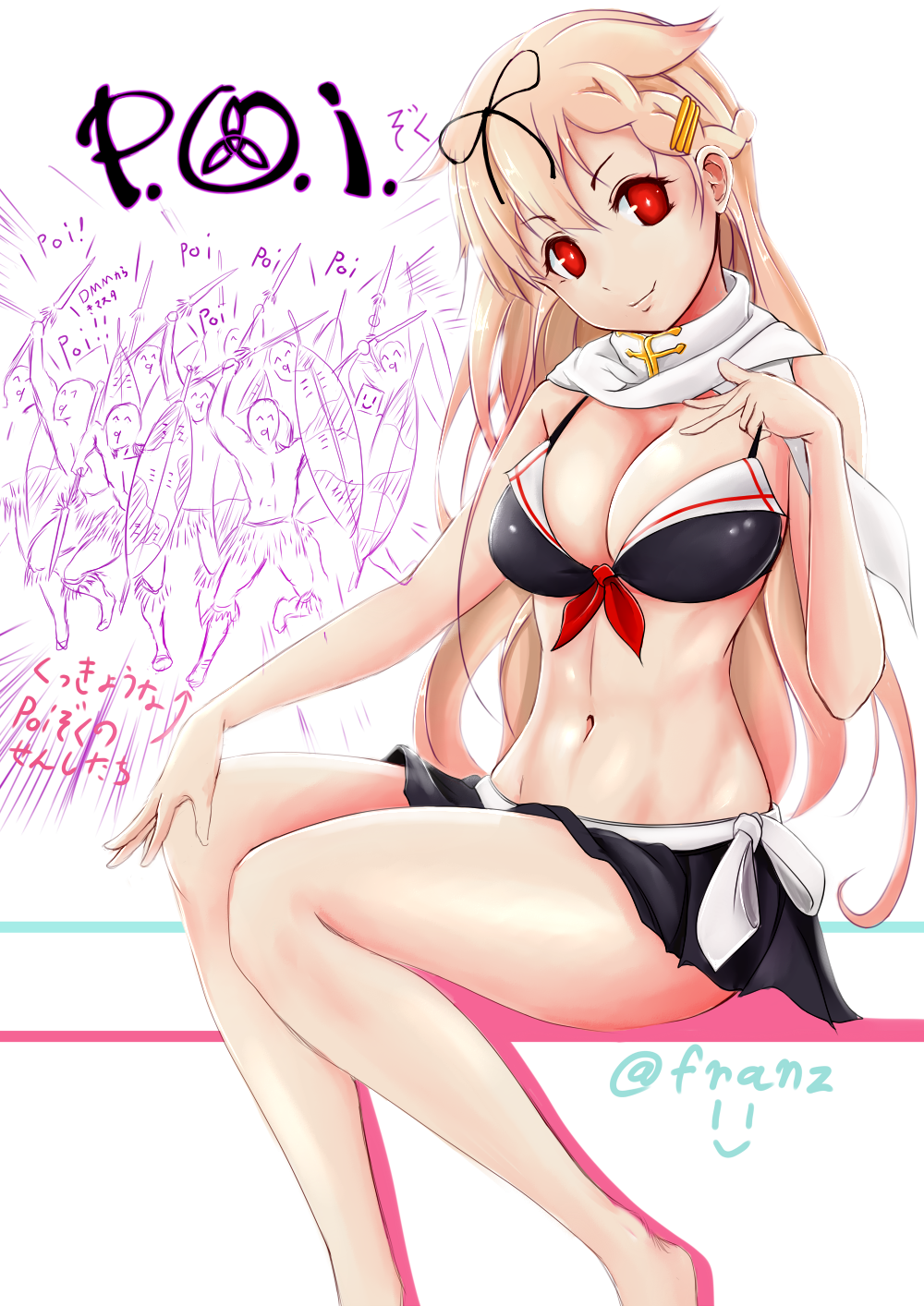 1girl adapted_costume bikini blonde_hair breasts cleavage commentary_request cowboy_shot doodle franz_(217franz) front-tie_bikini front-tie_top hair_flaps hair_ornament hairclip head_tilt highres kantai_collection large_breasts long_hair looking_at_viewer messy_hair microskirt navel pleated_skirt red_eyes remodel_(kantai_collection) sitting skirt smile solo strap_pull swimsuit translation_request twitter_username white_background yuudachi_(kantai_collection)