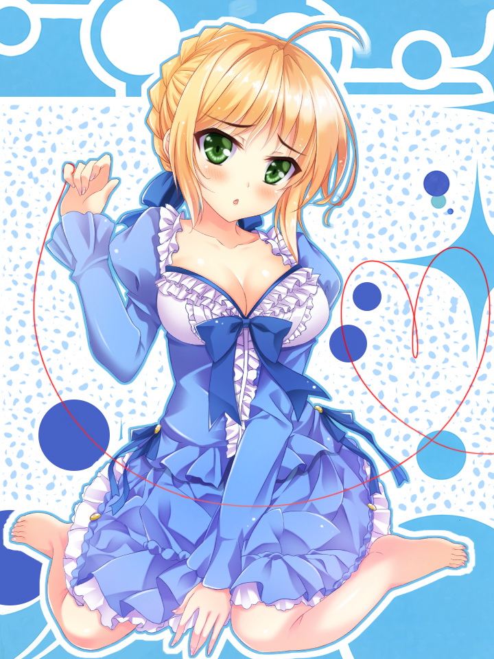 1girl ahoge blonde_hair breasts dress fate/stay_night fate_(series) feijitian frilled_dress frills green_eyes large_breasts saber solo