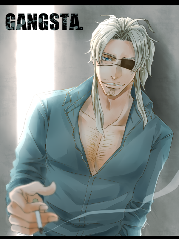 1boy blue_eyes blurry cigarette copyright_name depth_of_field eyepatch facial_hair gangsta goatee grey_background grey_hair grin kaoru_(shunran) leaning letterboxed lips long_sleeves open_clothes open_shirt payot shirt smile solo worick_arcangelo